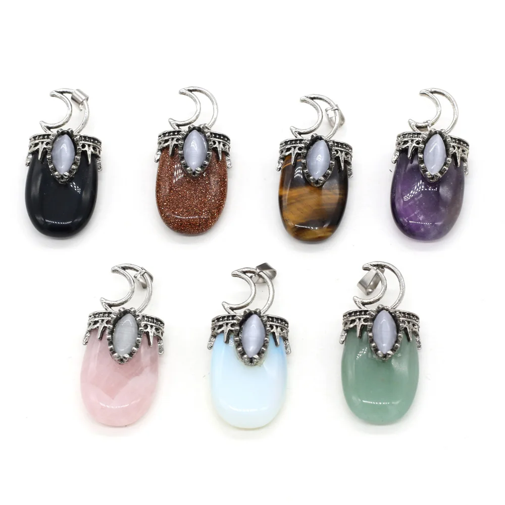 Natural Stone Pendant with Alloy Moon Frame 22x45mm Mixed Stone Teardrop Charms for DIY Witchy Crystal Necklace Jewelry Making