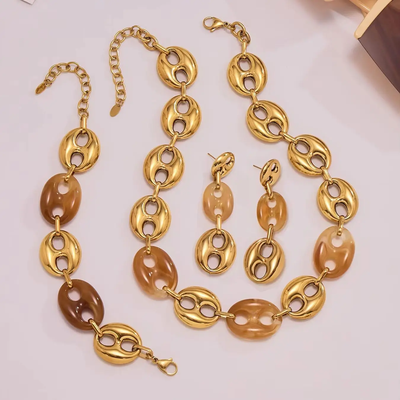 Chunky Mariner Chain Necklace Bracelet Earrings for Women 18k Gold Plated Stainless Steel Necklaces Bracelets Drop Earring Set