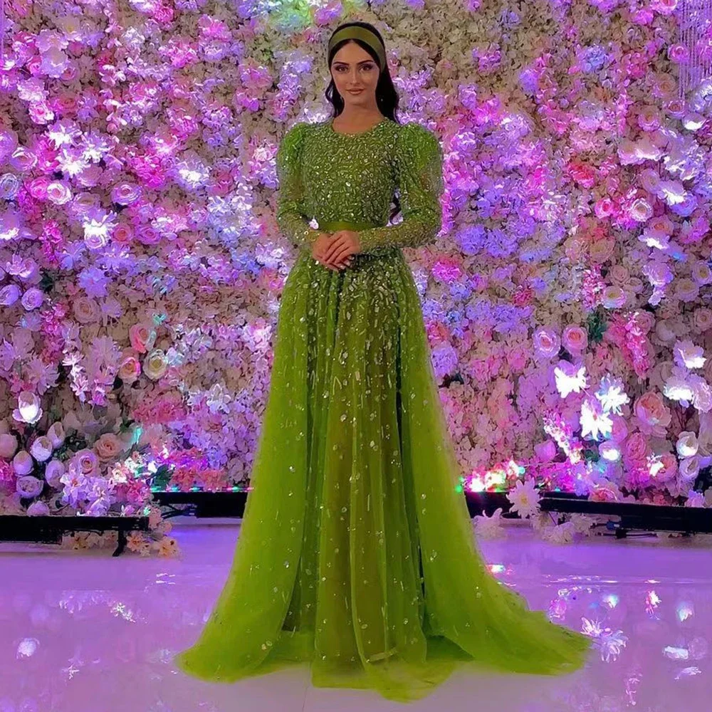 Hot Sale Green Mermaid Elegant With Skirt Long Sleeves Beaded Luxury Evening Dresses Gowns For Women Party 2023 LA71762