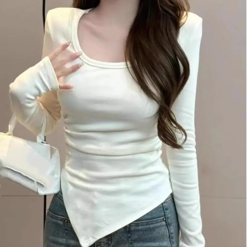 

Женская футболка с U-образным вырезом и длинными рукавами в стиле Pure Desire, весна и осень, универсальный облегающий топ в корейском стиле неправильной формы