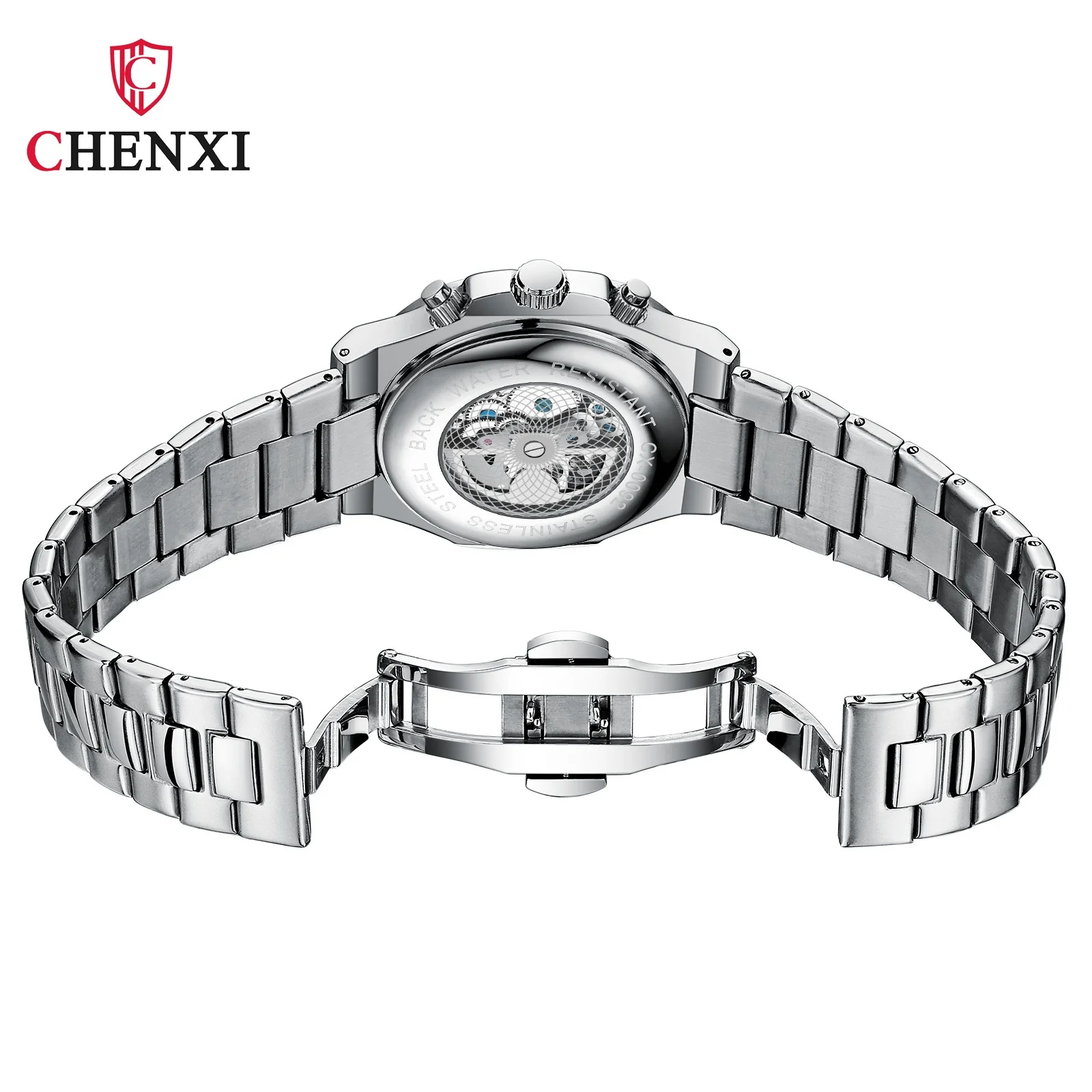 CHENXI 0092 Men\'s Watches Transparent Multifunctional Calendar Luminous Waterproof Steel Strip Imitation Mechanical Quartz Watch