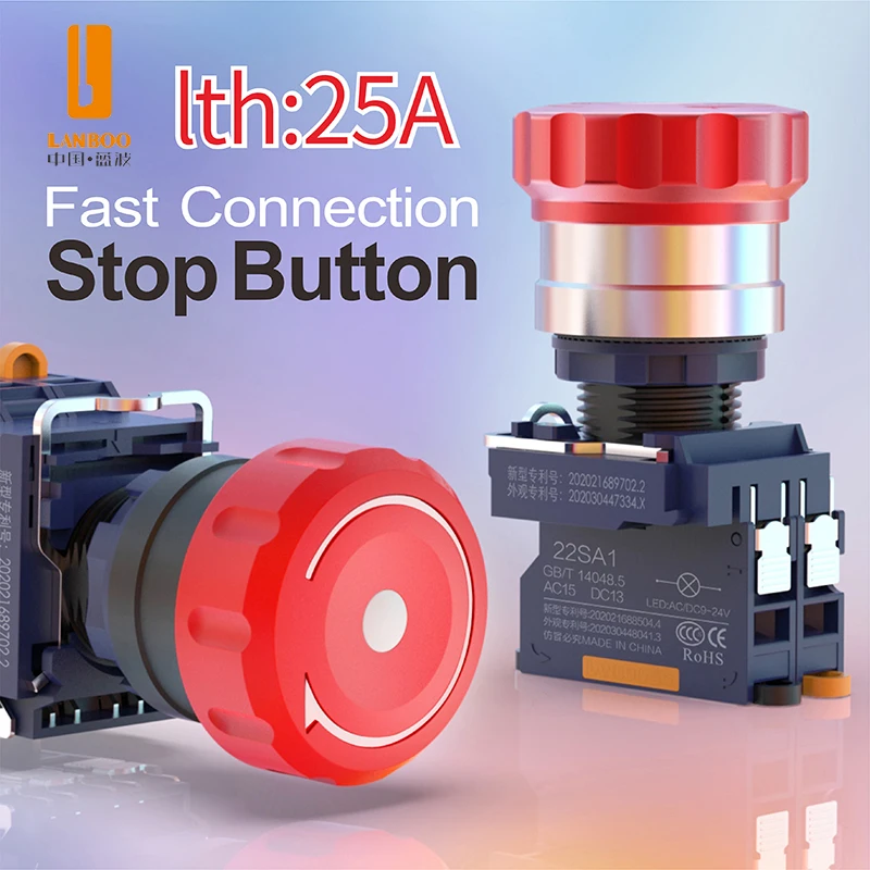

LANBOO 22mm Emergency Stop Button Red Aluminum Oxide Plastion Head With Lamp Green Light 1NO1NC