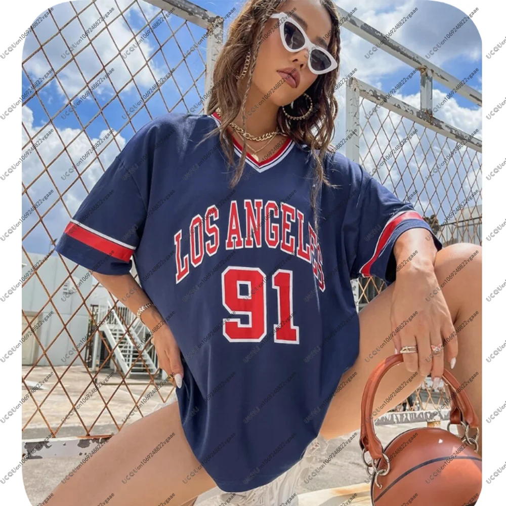 لوس أنجلوس 91 فتاة تي شيرت المرأة الصيف الخامس الرقبة تي شيرت Harajuku الاتجاه قصيرة الأكمام المرأة الشارع الشهير رسالة رياضية المحملة هدية
