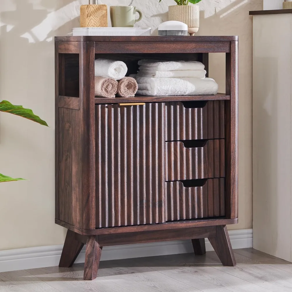 

Bathroom Floor Cabinet with Sliding Door, Modern Fluted 3 Drawers Storage Organizer with Adjustable Shelf