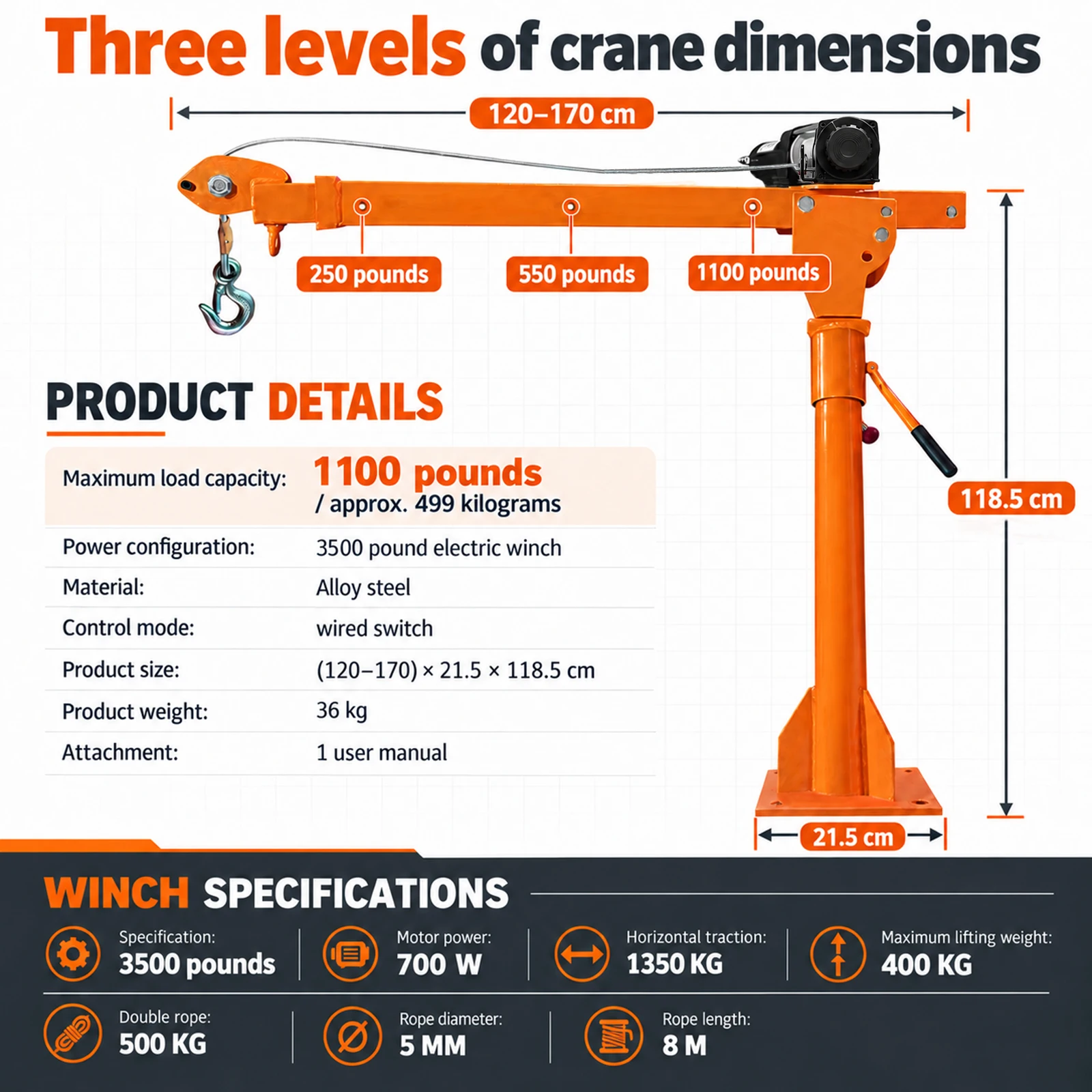 SIHAO 360° Swivel Jib Crane, 1100LBS Capacity with Built‑in Electric Winch, Heavy‑Duty Cargo Lifting Gear for Pickup Truck Bed and Trailer Loading & Unloading