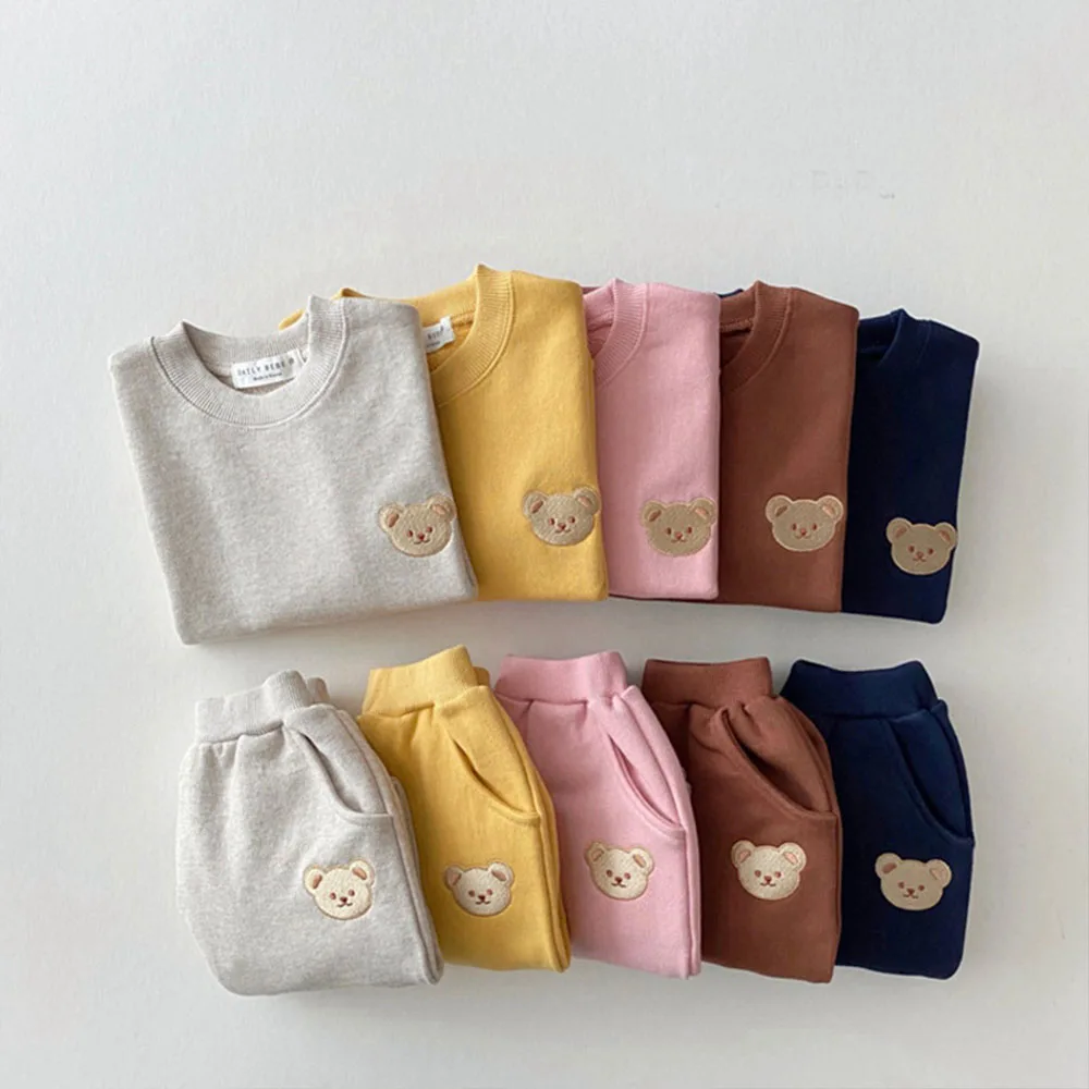 Embroidered Teddy Bear Round Neck Sports Set Name Custom Newborn Baby Cotton Baby Casual Cartoon Two-Piece Gift Pack