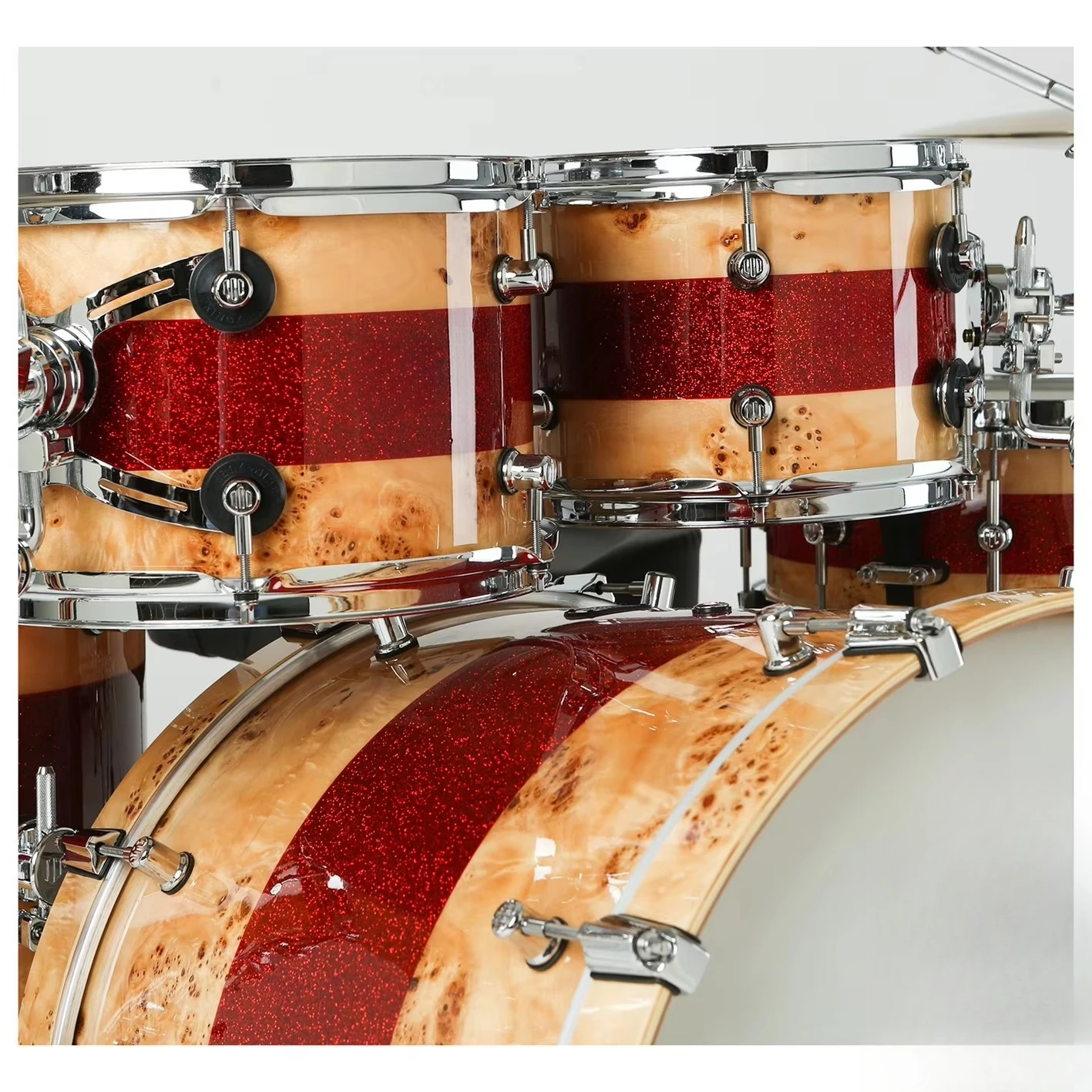 High Ended Burl Mappa and Mahogany Acoustic Drum Set for Stage