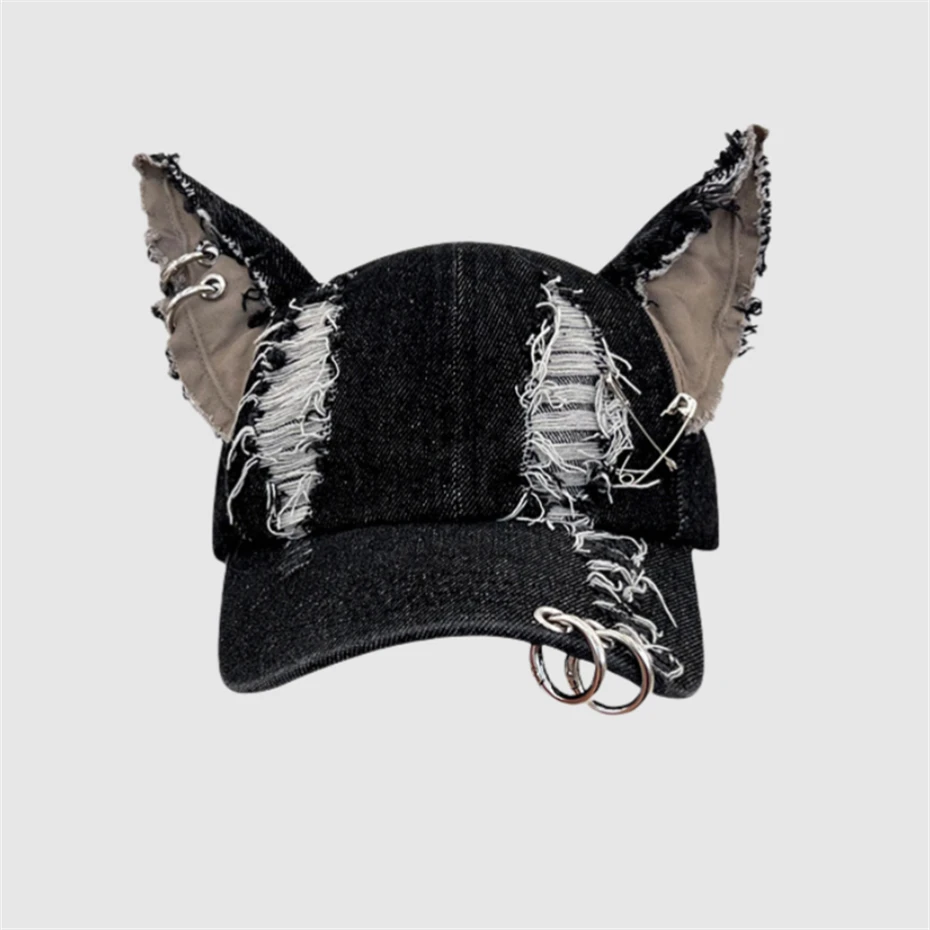 2025 Ripped Hole Denim Baseball Cap Men Women Techwear Style Vintage Punk Metal Chain Rabbit Ears Hat Street Hip Hop Cat Ears