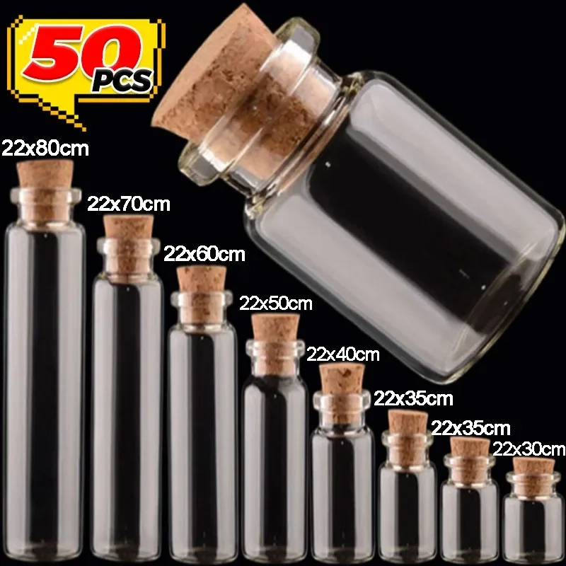 50/10PCS Small Glass Bottles with Cork Stoppers Mini Glass Vials Cork Transparent Wishing Bottles Storage Candy Jars DIY Decor