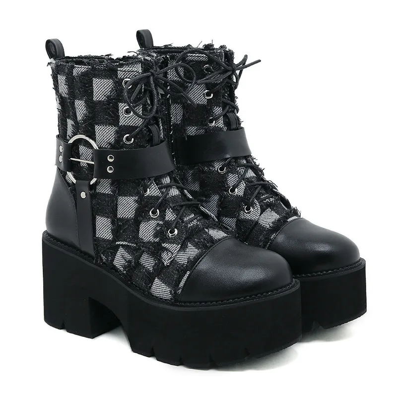 Gothic Gesp Riem Enkellaarzen Dames Faux Lederen Platform Blok Dikke Hakken Ketting Ultra Hoge Hakken Motorlaarzen