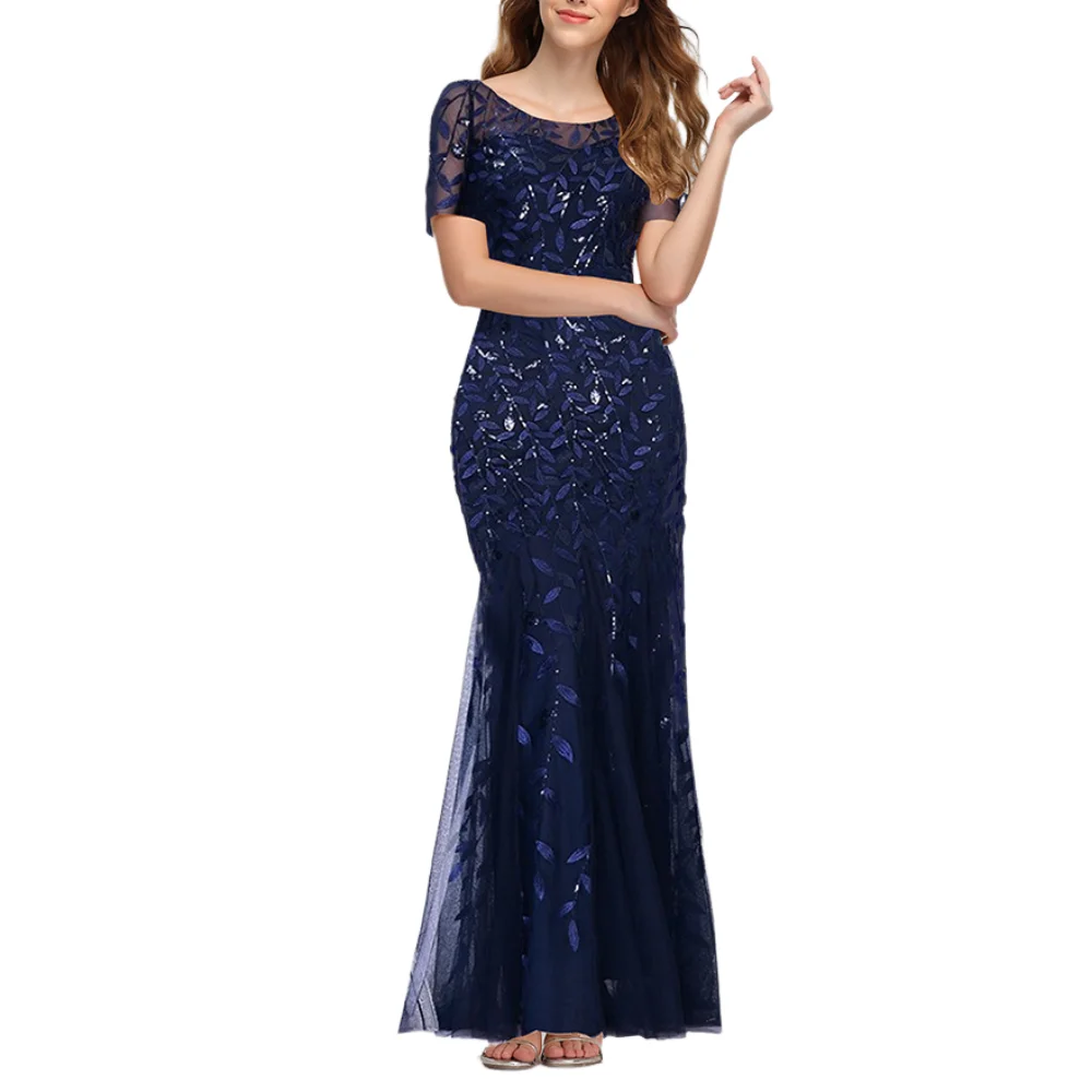 Falda de cola de pez de lentejuelas de manga corta, vestido de dama de honor ajustado, vestido de noche de banquete de lujo ligero, Vestido largo de invitados de boda