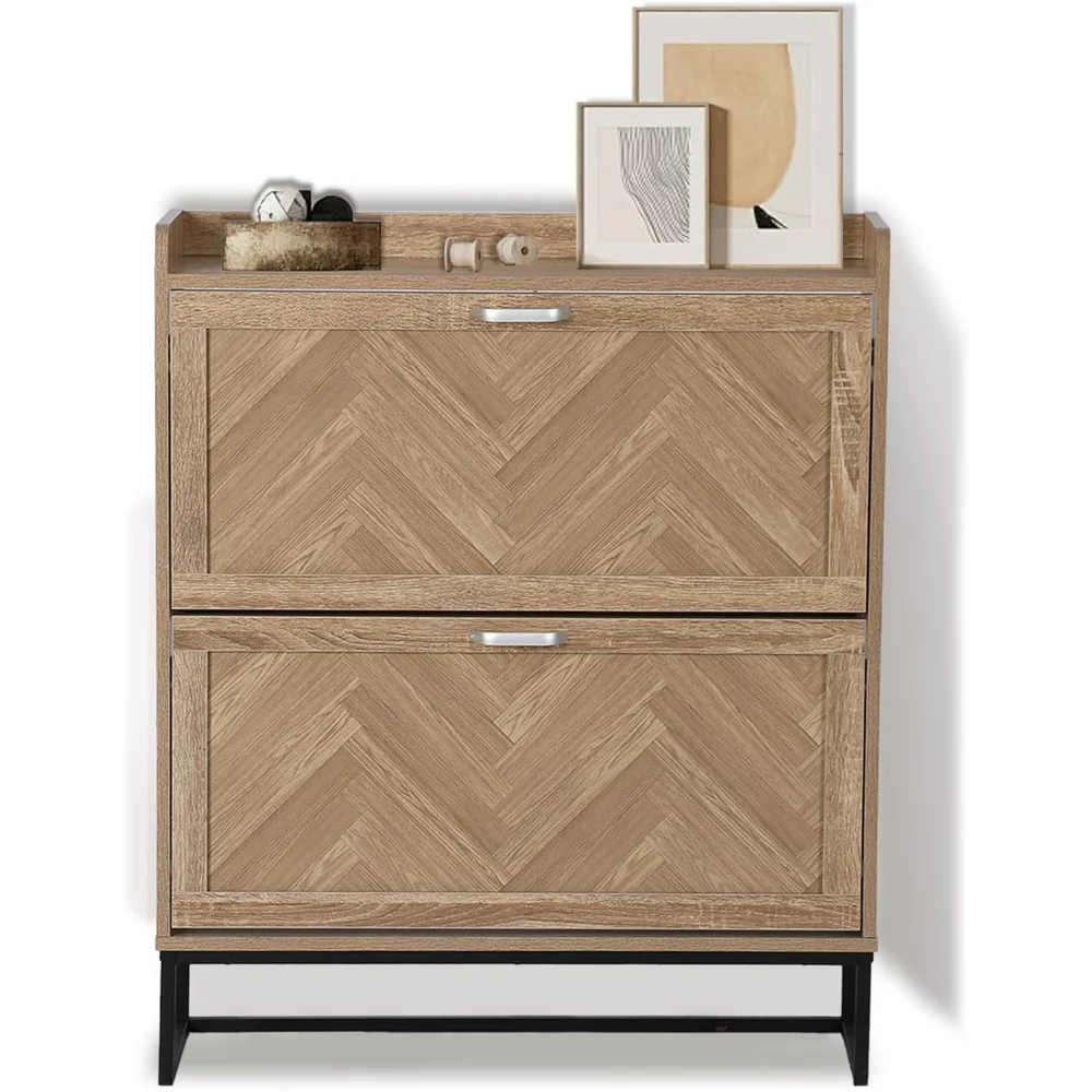 

Narrow hidden shoe cabinet with metal legs & adjustable shelf. Freestanding slim shoe rack organizer for entryway.