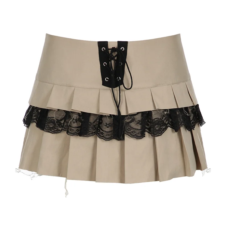 Early autumn new lace patchwork chicken eye lace up double layered pleated skirt spicy girl personality slimming A-line cake ski