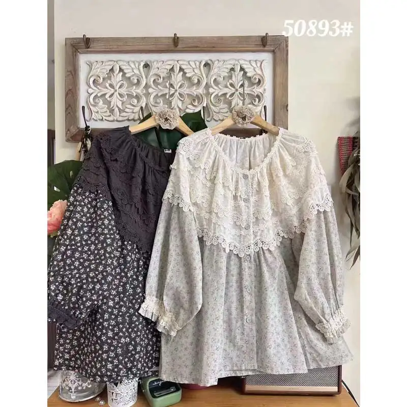 

Japanese Vintage Mori Girl Lace Hollow Out Floral Printed Cotton Shirts Women Summer O-Neck Lantern Long Sleeve Casual Blouse