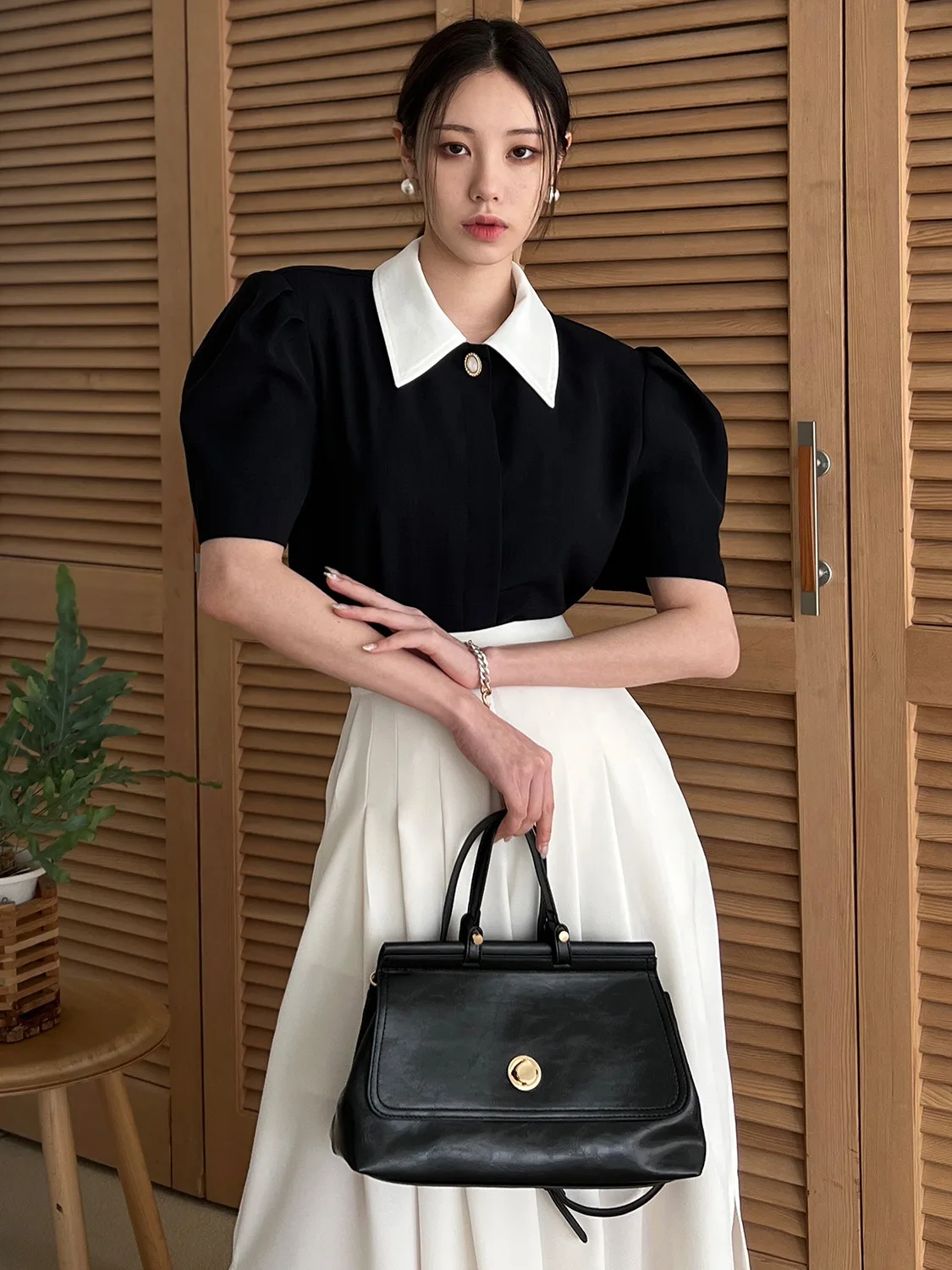 

Chic Summer Vintage Color Blo Bubble Sve irt High Waist Pleated A-Line Skirt Set High Quali Women's Faion