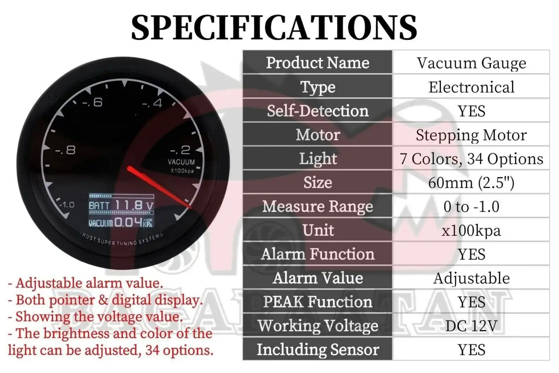 2.5'' 60mm Electronic Car Vacuum Gauge Meter Black Face Digital Pointer Display Vacuum Meter Car LED Meter Gauge 2