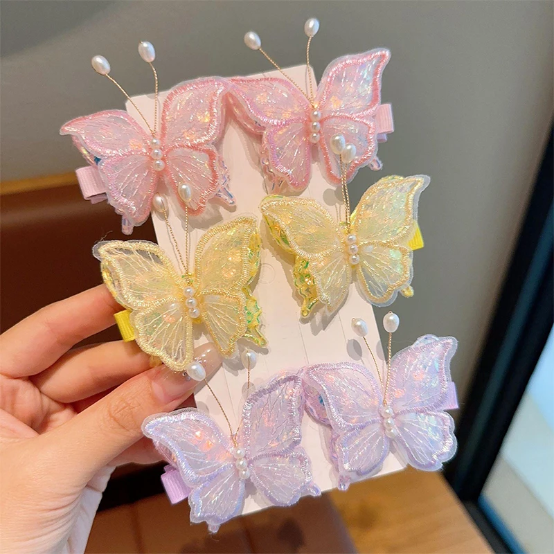 2PCS New Princess Embroidered Butterfly Lovely Girls Hairpins Children Headwear Hairgrip Hair Clips Barrettes Hair Accessories