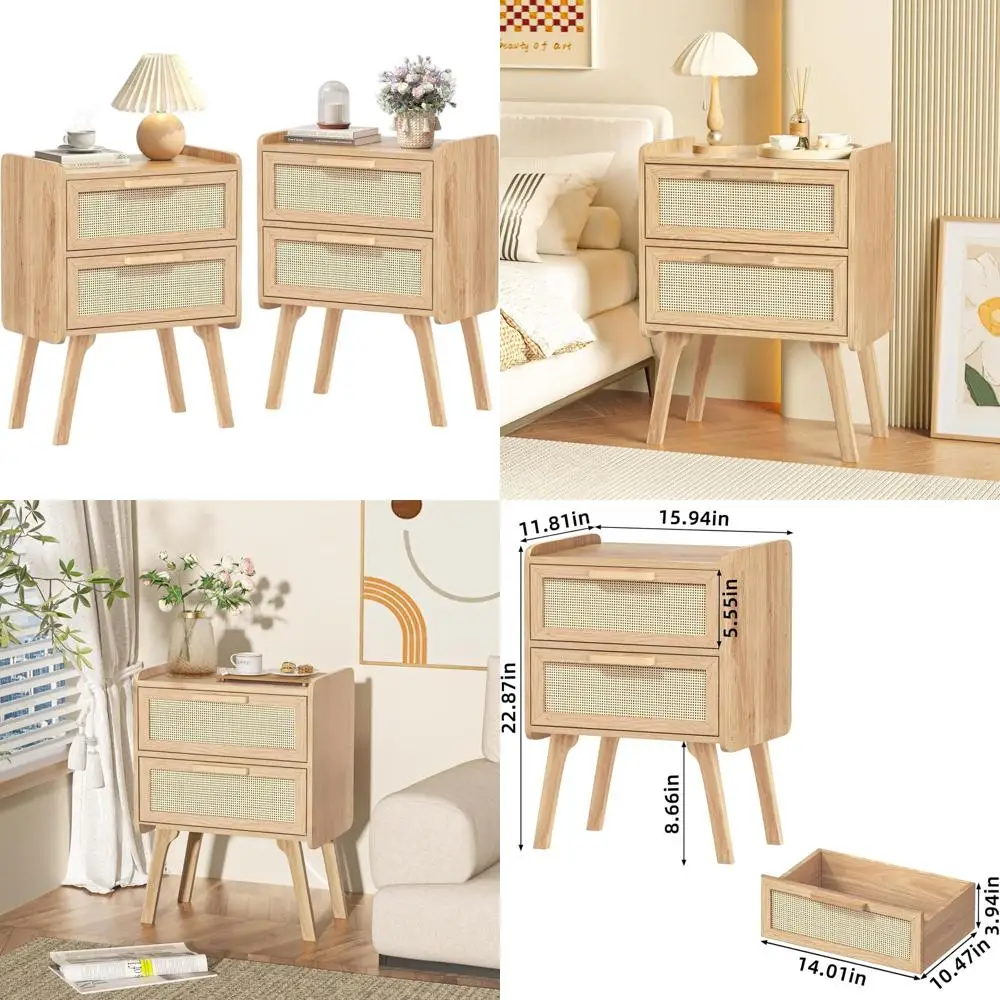 

Пара прикроватных тумбочек из натурального ротанга - тумбочки в богемном стиле с ножками из массива дерева для спальни, общежитий и небольших помещений