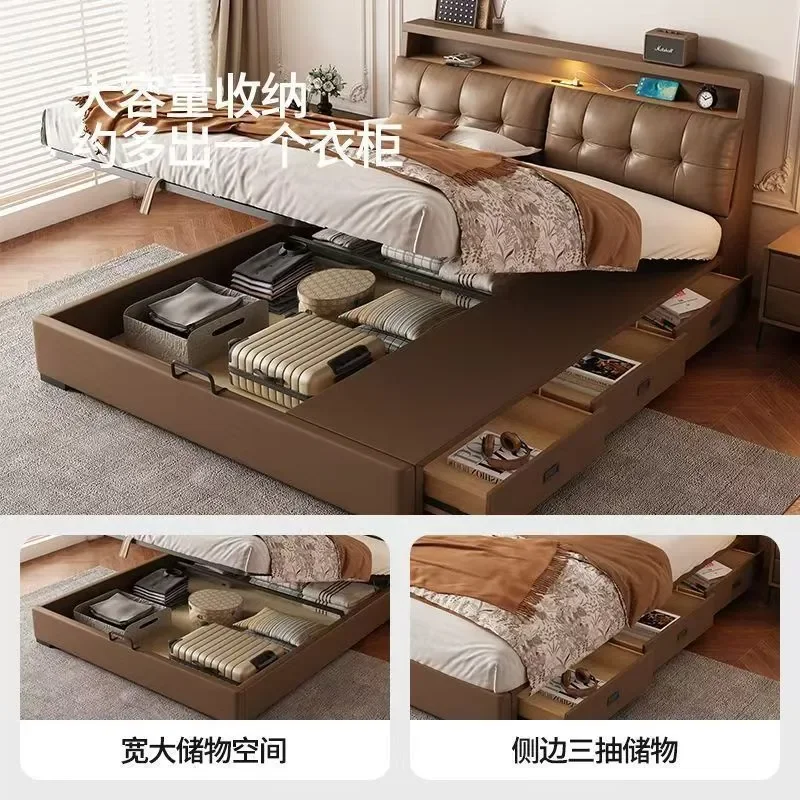 for European Style Leather Bed with Side Storage and Multi-functional Drawers Soft Upholstered Double Master Bedroom Wedding