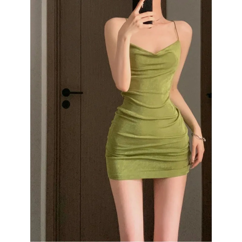 

St Pure Desire Sexy Green Sweet Spicy Girl Sling Dress Women's Summer New Small and Sexy Little Mom Wrapped Hips Short