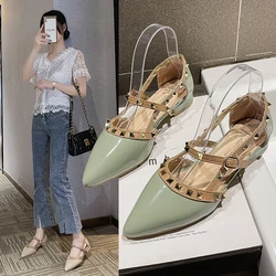 2023 Brand Women's Shoes Pointed Toe Low Heels Sandals Women Fashion Rivet Causal Dress Shoes Woman Elegant Thick Heels Shoe