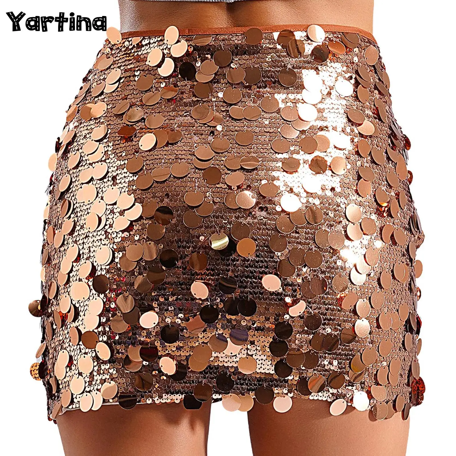 Womens Sparkly Sequins Skirt Shiny Bodycon Mini Skirts for Party Music Festival Stage Performance Glitter Party Rave Skirt