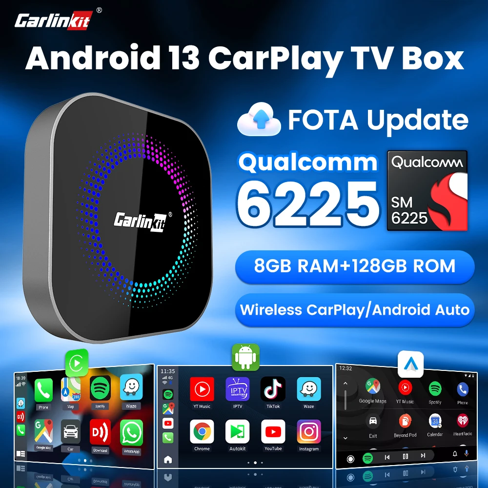 CarlinKit CarPlay Ai Box Android 13 SM6225 8 core Car TV Box 8 GB 128 GB Supporto GPS Play Store Netflix FOTA Aggiornamento Video online
