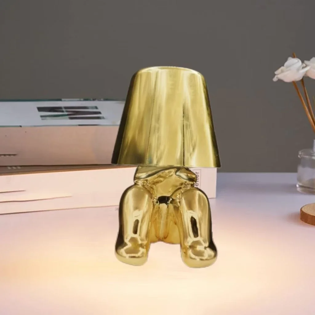 Bedside Touch Table Lamp, Creative Small Silver Man Decorative Thinking Man Statue LED Table Lamp, USB Rechargeable 3 Levels Bri
