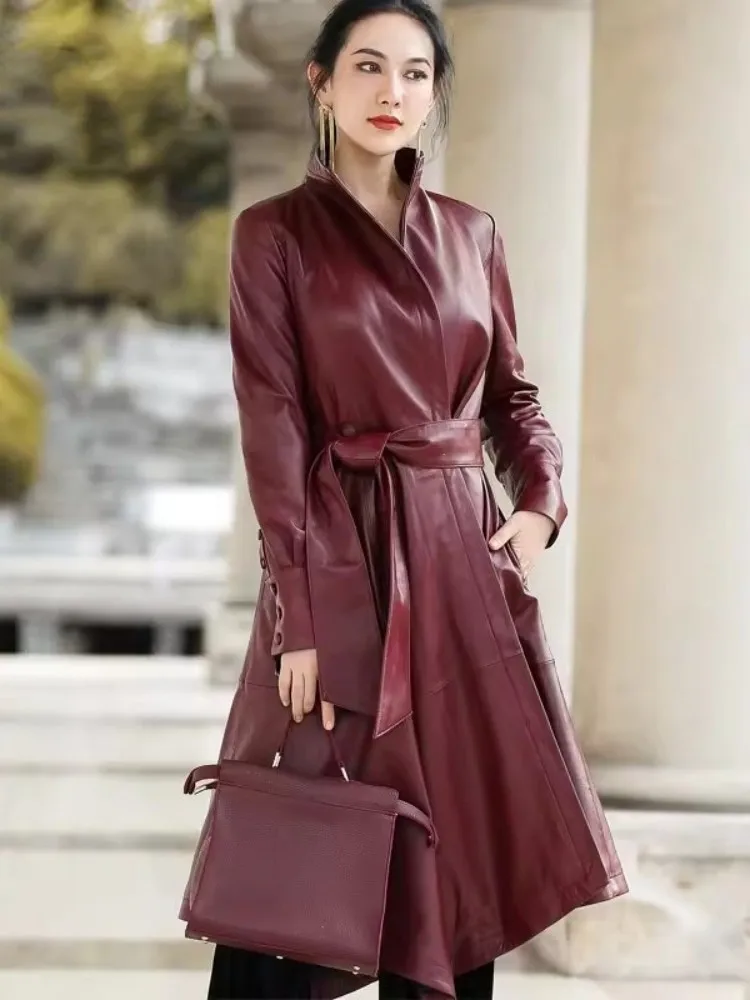 Manteau Long en cuir véritable pour femme, coupe-vent asymétrique, coupe cintrée, élégant, pardessus en peau de mouton véritable, automne et hiver