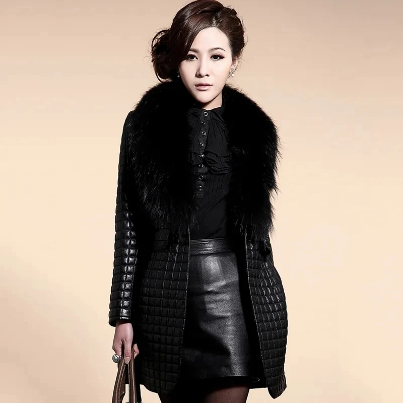 2024 Winter Women Thick Long Leather Jacket with Fur Collar Slim Solid Office Ladies Coat Outerwear Jaqueta de couro feminina