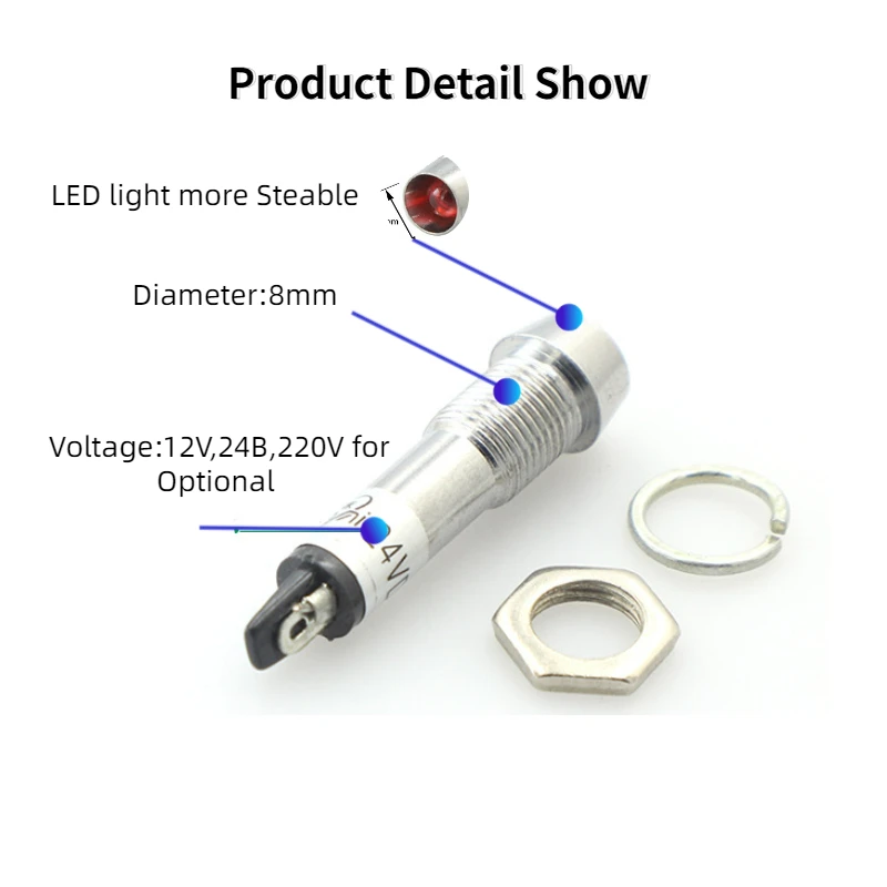 Uniteeelec Small Mounting Diameter 8mm Green Red Orange 220V 24V 12V  Power Motorcycle Indicator LED  Lights  Red Light