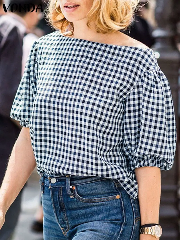 

VONDA Elegant Women Summer Plaid Blouse 2024 Skew Collar Sexy Shirts Fashion Tops Short Puff Sleeve Casual Loose Blusas Feminina