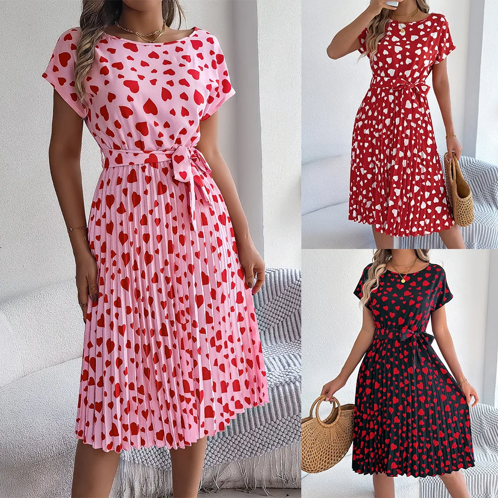 فساتين نسائية قصيرة الأكمام 2025 فستان صيفي بطيات الخصر D dlhie Sukienki Vestidos De Robe L Femmes Vacaciones