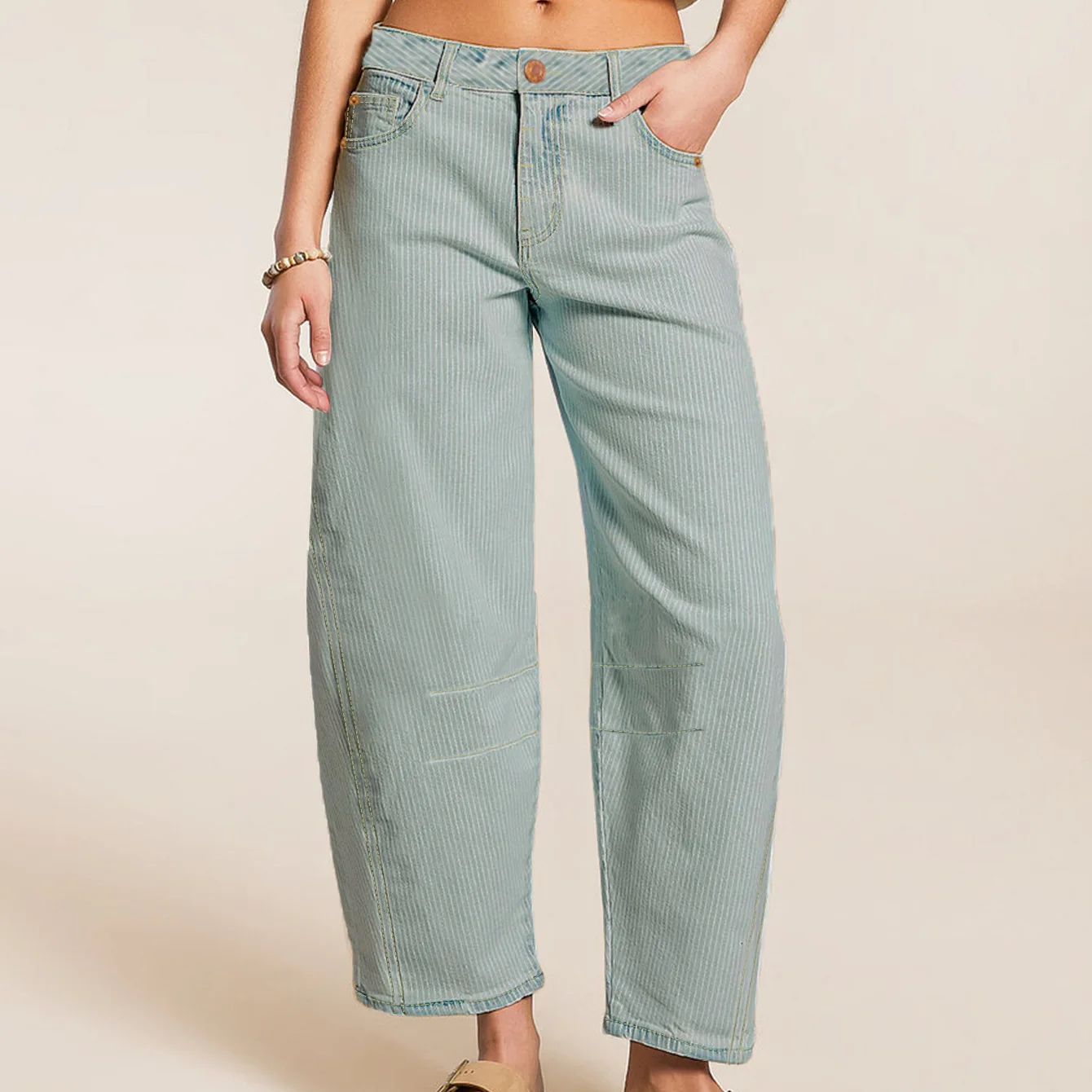 Loose Casual Blue Striped Carrot Jeans High Waist Straight Leg High Waist Seven-Foot Denim Skinnies Women's Fashion