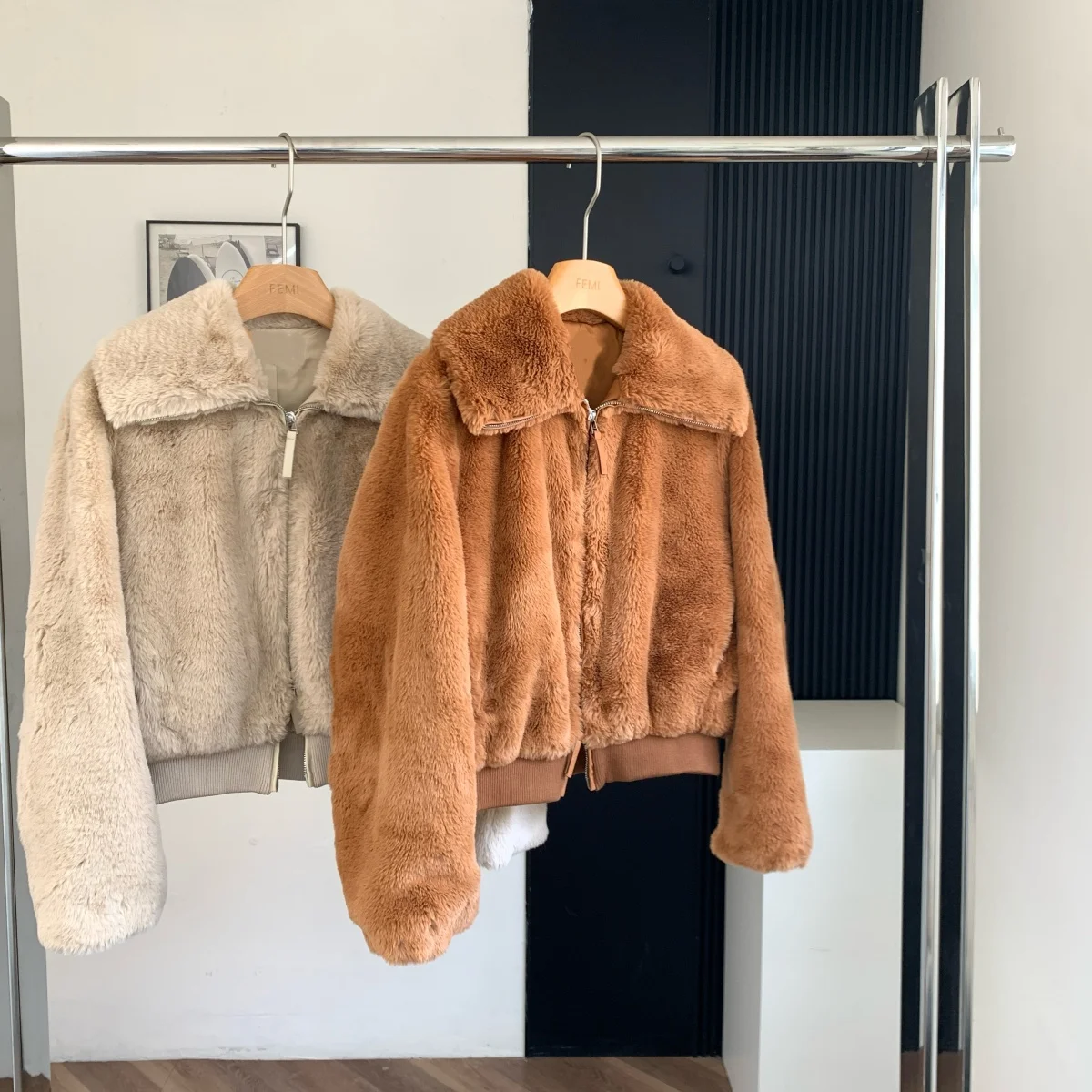 

Women's Autumn Winter Faux Rabbit Hair Long Sleeve Loose Coat Lady Autumn Winter Solid Color Turn Down Collar Thick Outwear