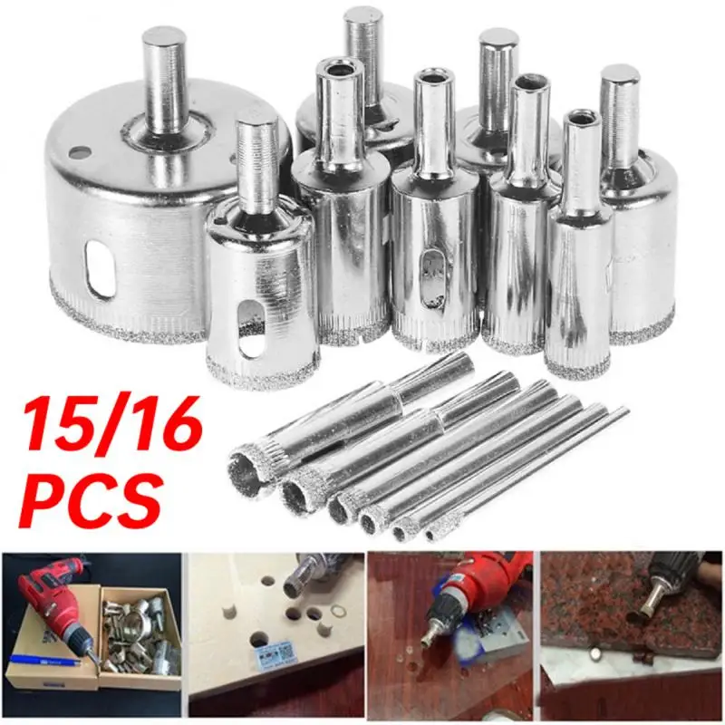 10/12//15/16pcs Set Tile drill bit Set Diamond Coated Tile Marble Glass Ceramic Hole Saw Drilling Bits Power Tools Accessories