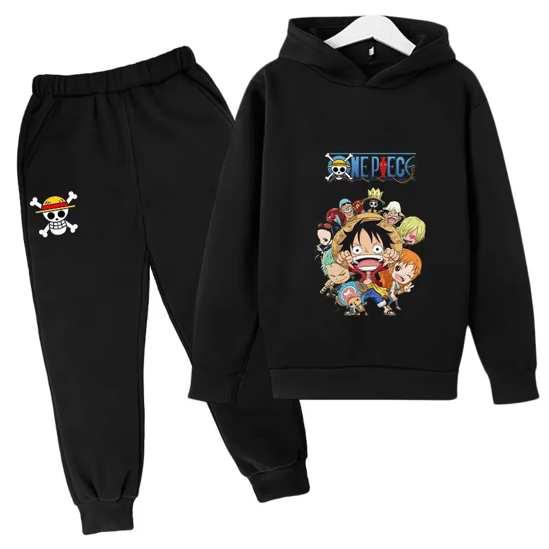 2026 Boys Girls Casual Hooded Japanese Anime One Piece Luffy Zoro Harajuku Hoodie Sweatpants Set with Pockets Sweatshirt Tops