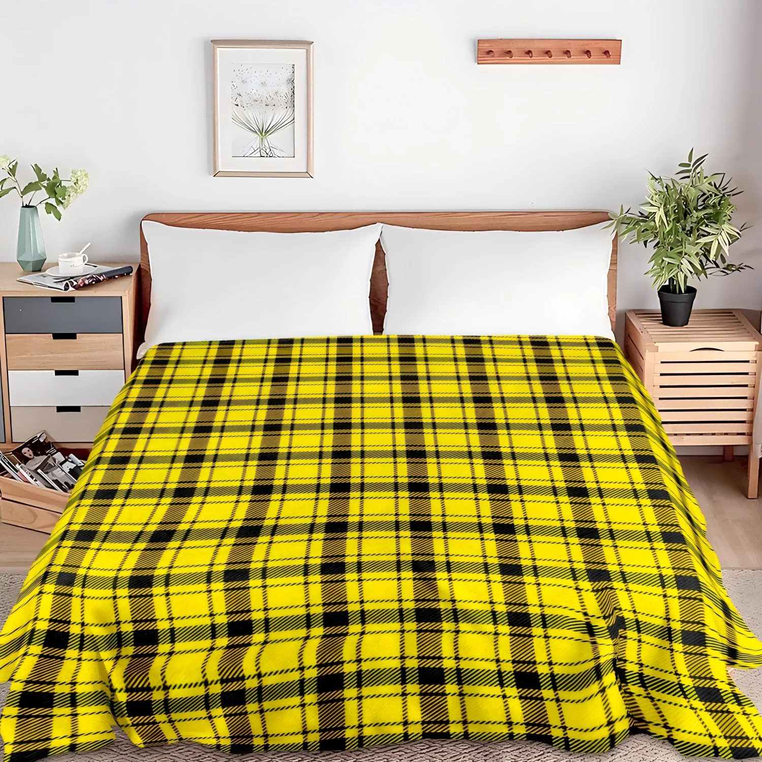 

1PC Throw Checkerboard Yellow and Black Flannel Blanket for Couch Bed Sofa Cozy Comfy Warm Festival Decor blankets All Season