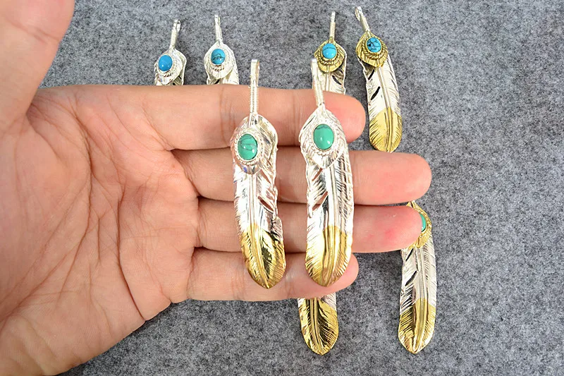 Sterling Silver Gold Tail Feather Necklace Pendant Female Personality Set Turquoise Leaf Pendant Male Fashion Jewelry