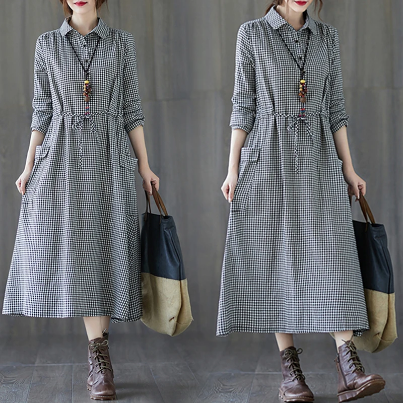 

Платье-рубашка в клетку с пэчворком, длинным рукавом, приталенное, в пол, для женщин, осеннее, для работы, свободного кроя, с воротником