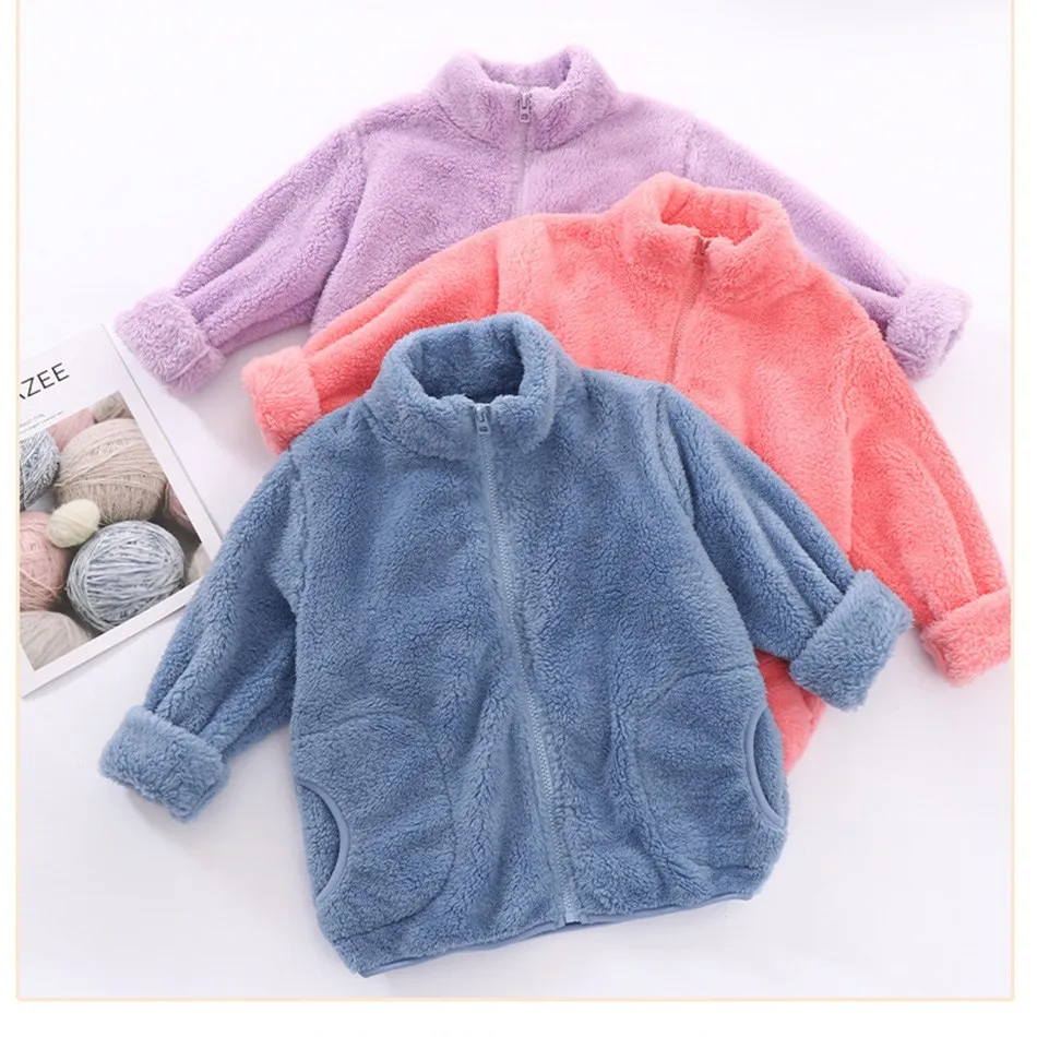 Kids Clothes Boy Girl Candy Color Spring Autumn Jacket Unisex Zipper Fur Tops Children Pocket Fleece Outerwear Outdoor Coat 2023