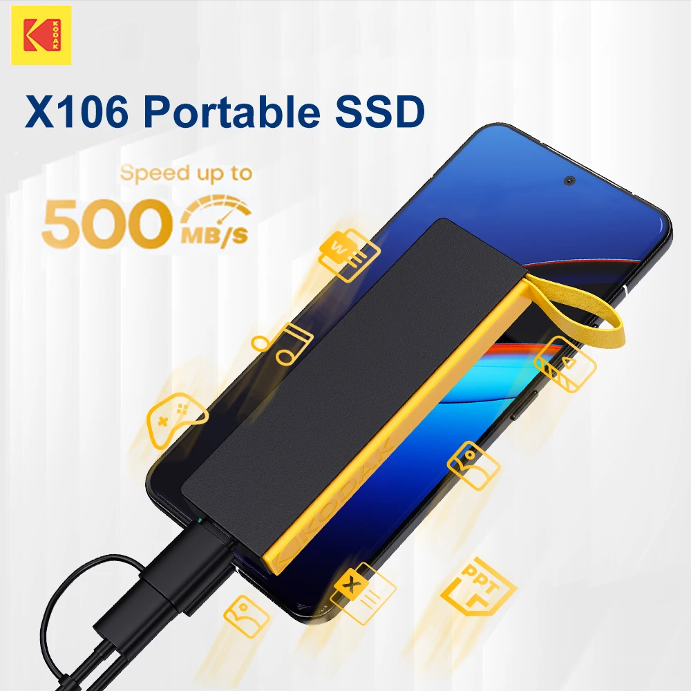 

Внешний твердотельный накопитель KODAK X106, портативный, 2 ТБ, 500 МБ/с, высокоскоростной PSSD, 1 ТБ, 256 ГБ, USB 3.1 Type-C, для ноутбуков и Macbook