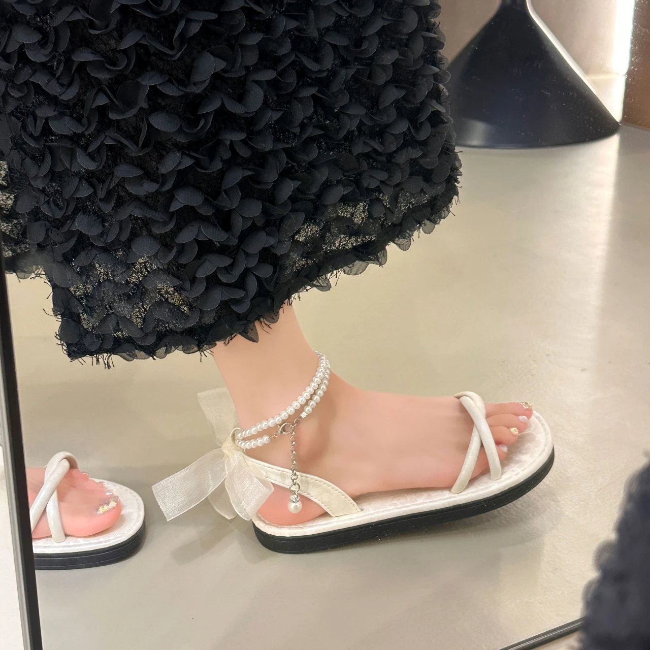 Summer Women Pearl Beaded Ankle Strap Flat Sandals Toe Loop Ribbon Bow Non Slip Soft Sole Beach Vacation Casual Dress Shoes view 5