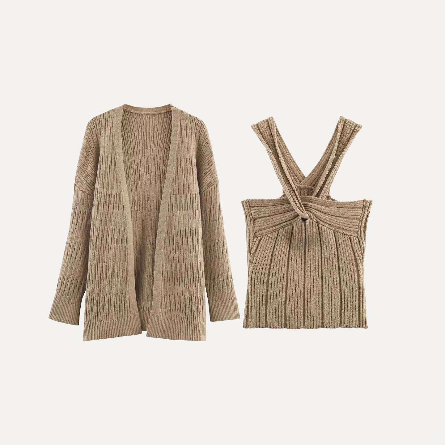 Conjunto Casual de Dos Piezas de Punto, E y con Personalidad, Moda Femenina Otoño 2025, Cárdigan Abierto de Manga Larg...