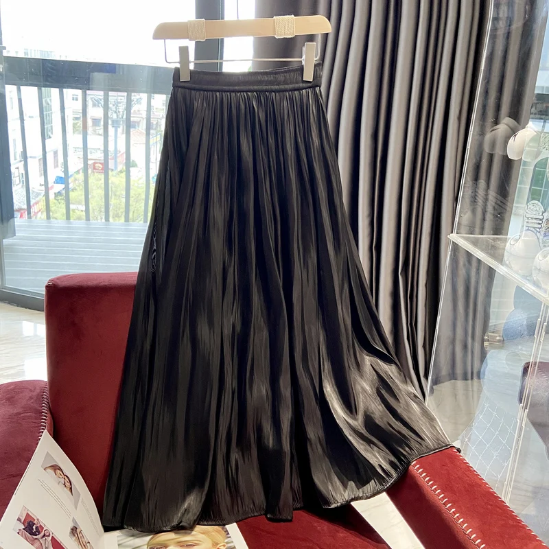 Silk A-Line Midi Skirt High Waist Slimming Versatile Silk Smooth Pleated Long Spring Autumn Women's Faion Ele  Color