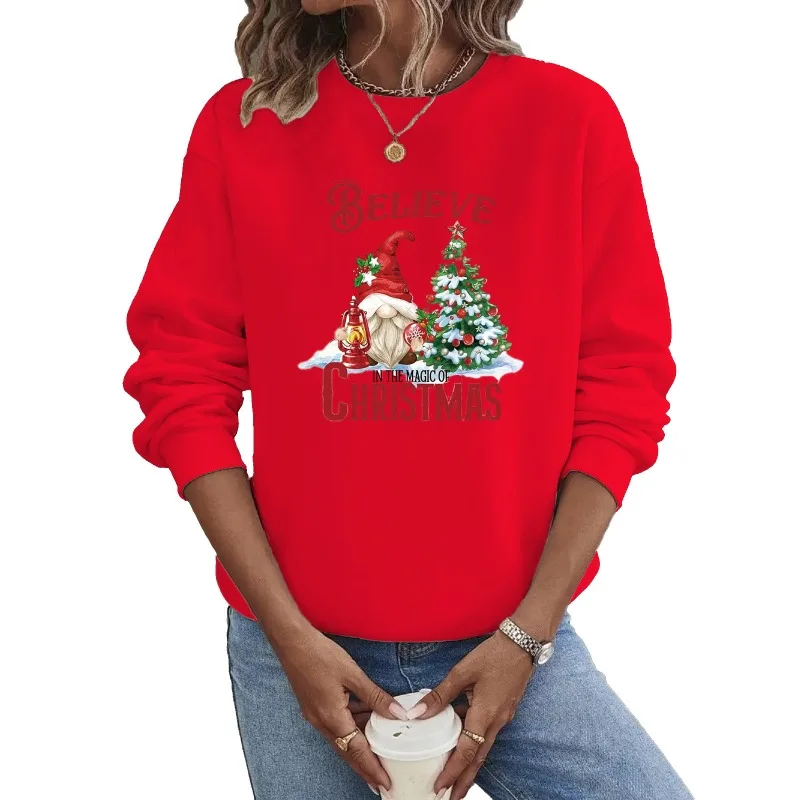 크루넥 후드티 크리스마스 긴팔 핫 산타 트리 프린트 스웨트셔츠 스트리트웨어 여성 스웨트셔츠 후드티 여성