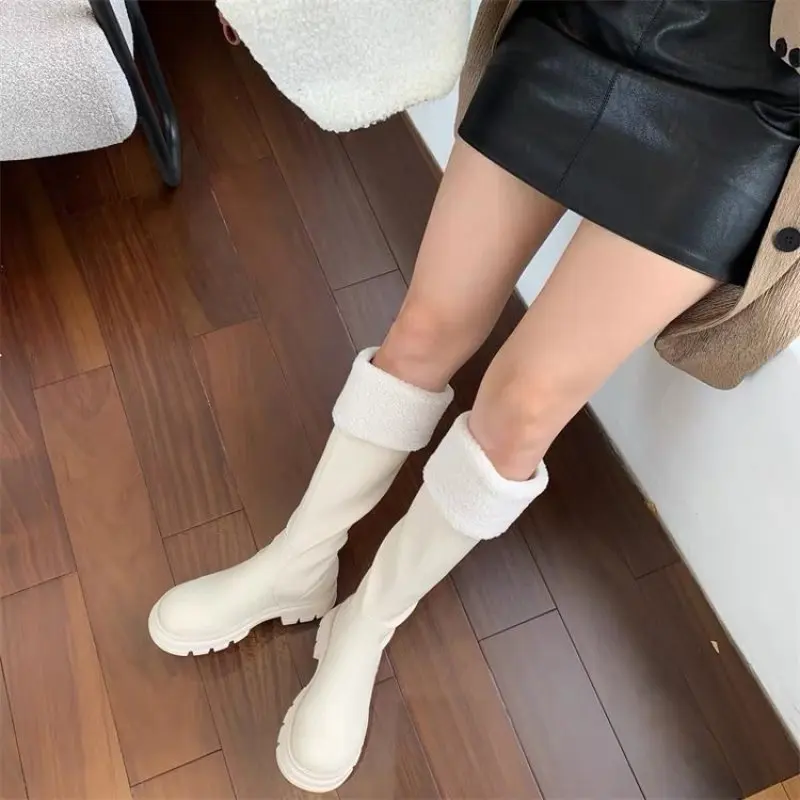 Hot Sale Ladies Shoes Zipper Women's Boots Winter Plush Warm Round Toe Solid Knee-High Mid Heel Water Proof Fashion Boots New 40