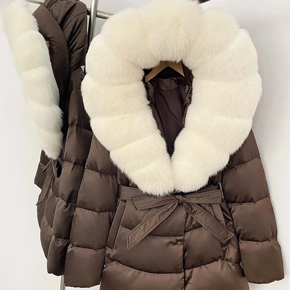 

2025 Fur Jacket Real Fur Collar Duck Down Coat Female Winter Hooded Warm Natural Fox Fur Coat Women Puffer Jacket