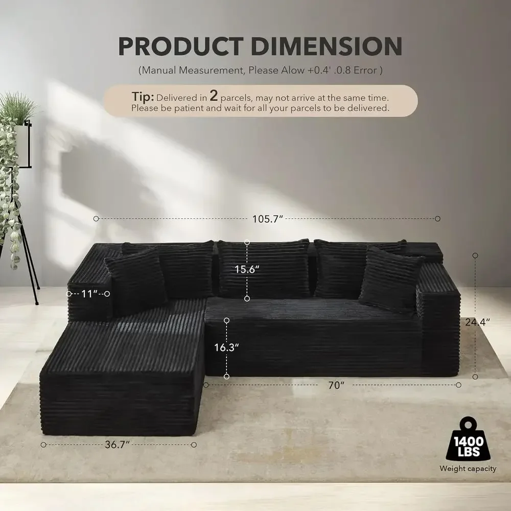 106 L-Shaped Oversized Sofa in Black with Deep Seat, Sleeper Option, No Assembly Needed