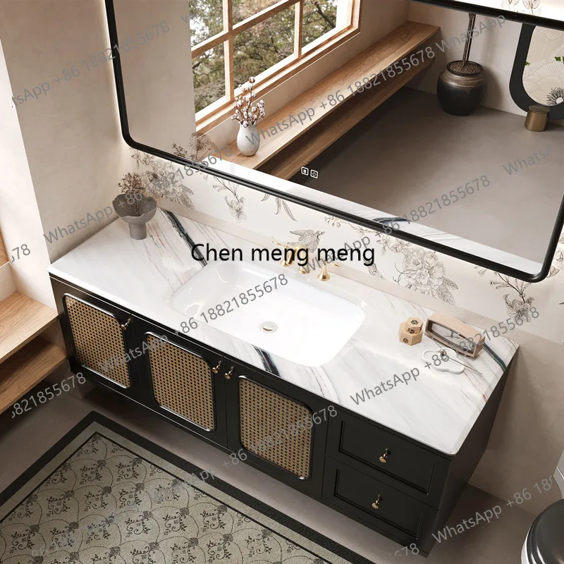 French retro rattan bathroom cabinet combination all solid wood washing table rock slab hot bending integrated basin